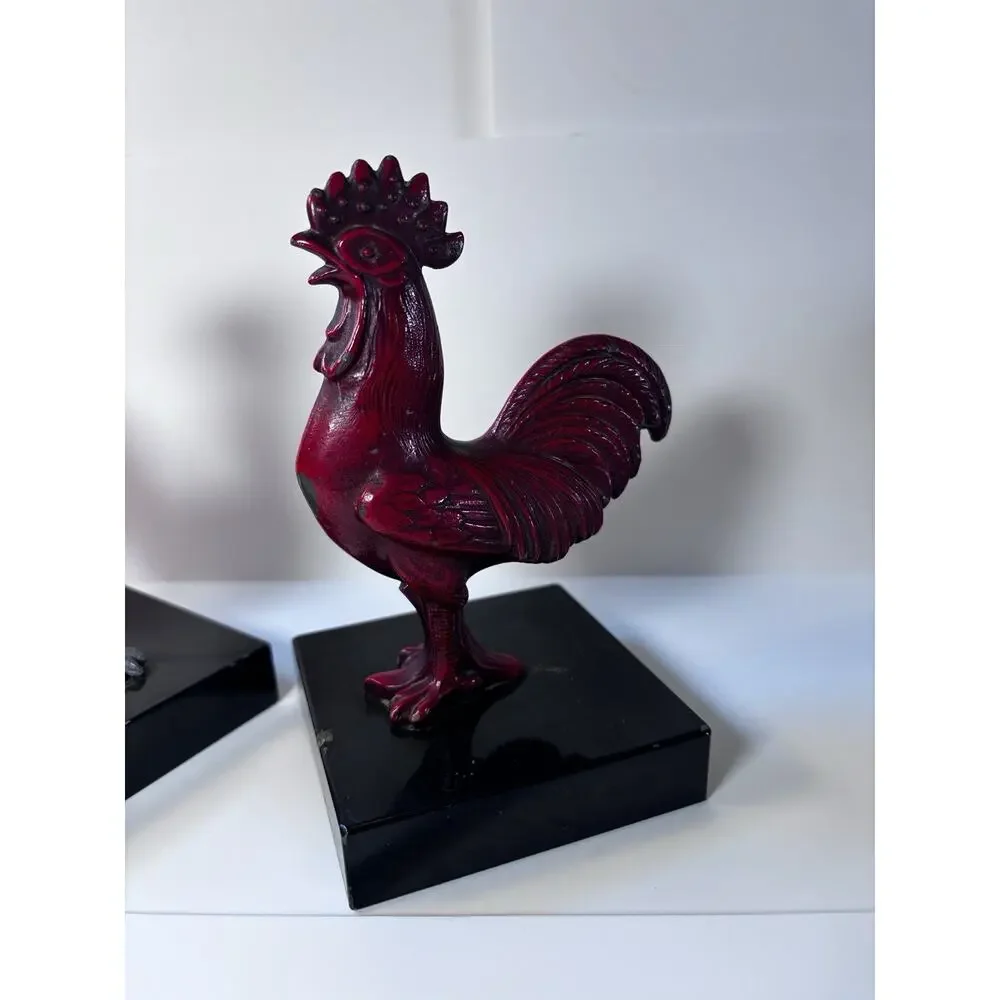 Vintage Rooster Bookends Red Silver Farmhouse French Country Kitchen Decor Heavy